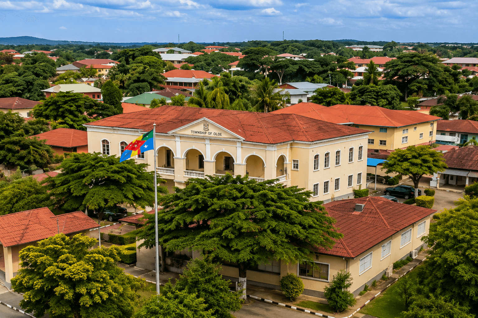 Aerial view of the historic municipal building complex in Oldest Congo Town