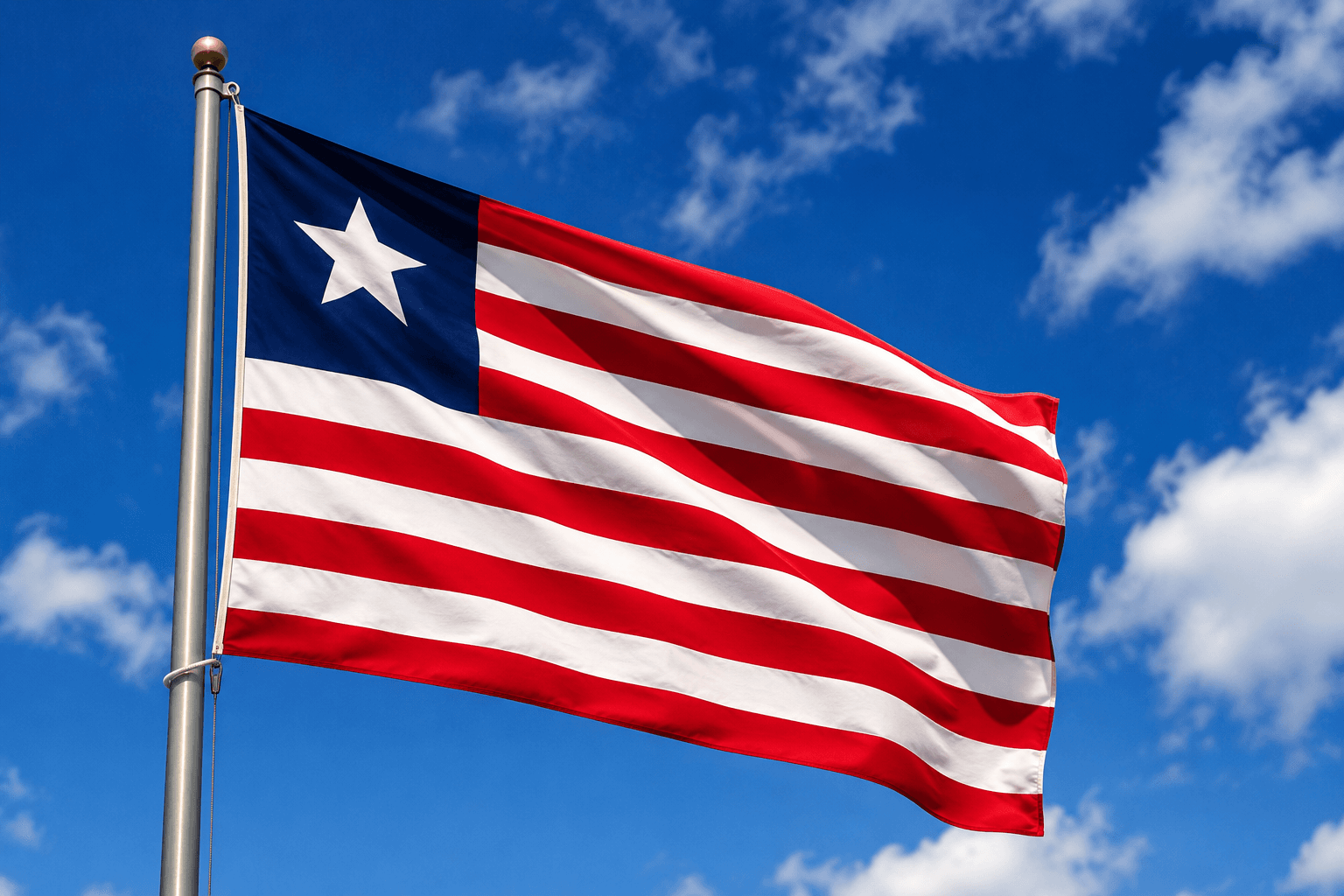 Flag of Liberia waving against a blue sky
