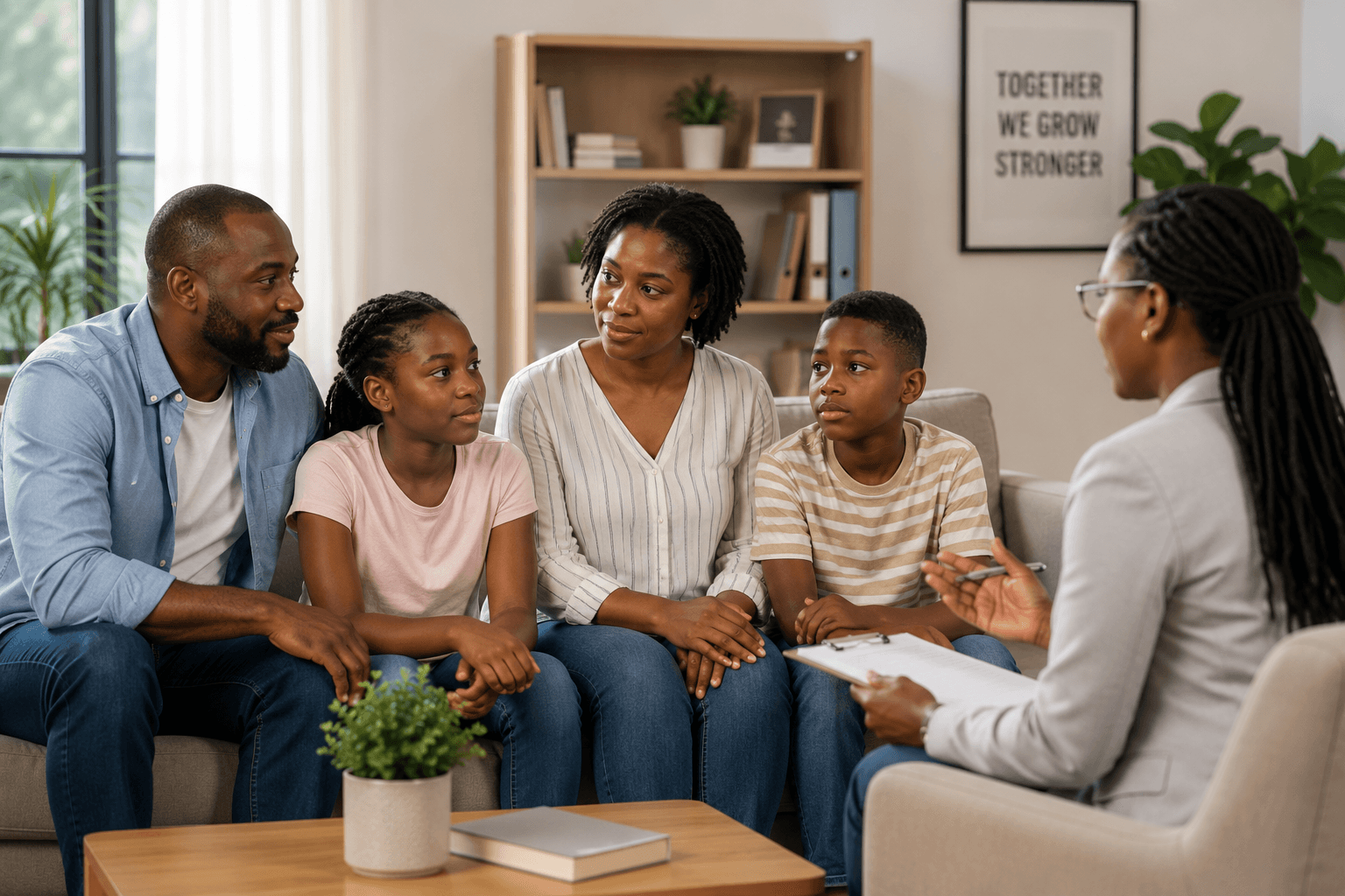 Family receiving support in a counselling session